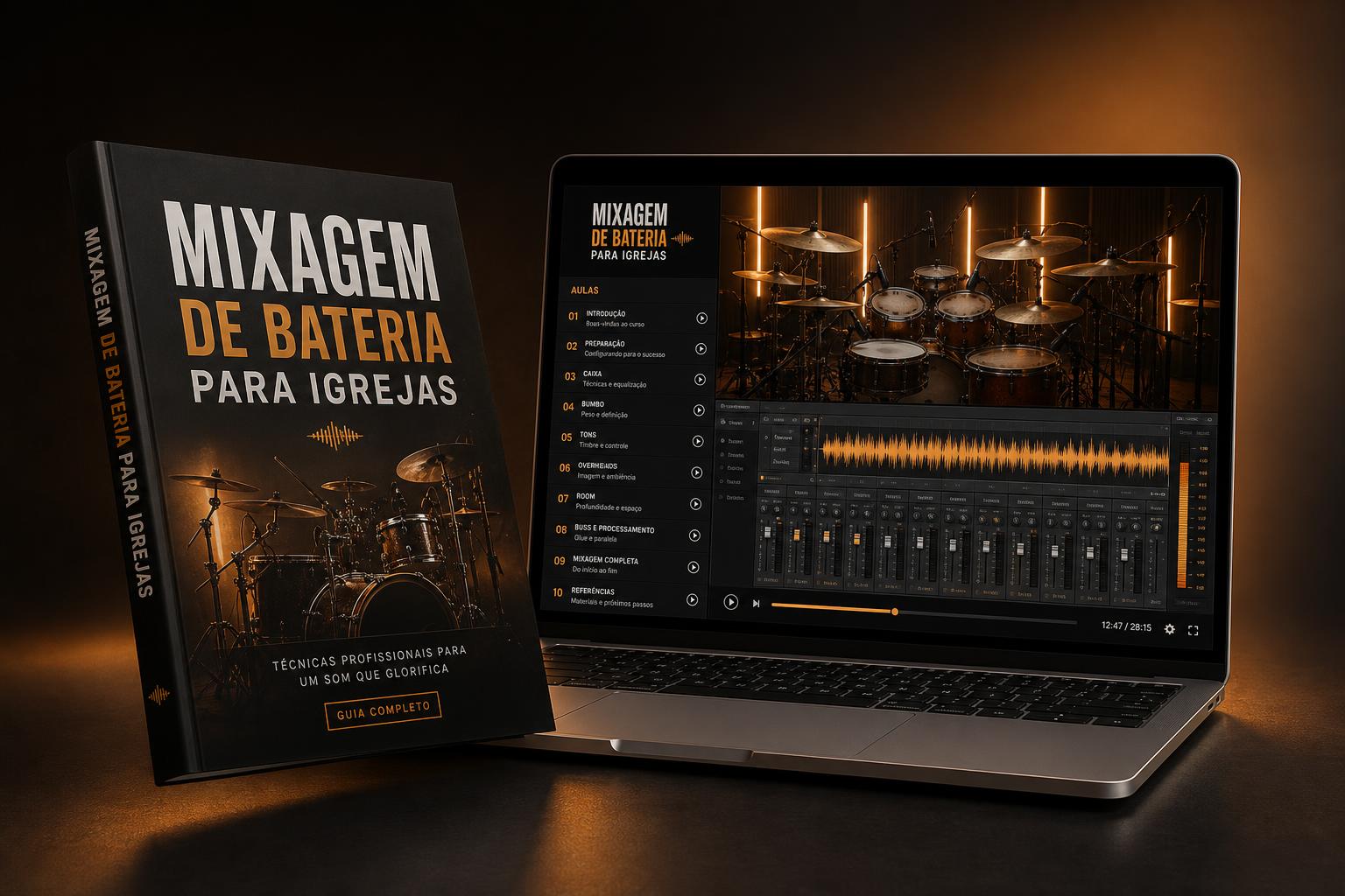 Ebook Mixagem de Bateria para Igrejas + aulas em vídeo no notebook